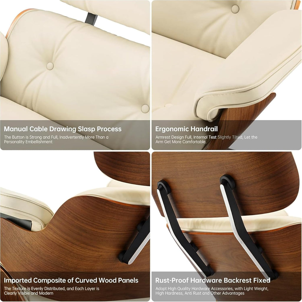 Mid-Century Modern Lounge Chair & Ottoman — Cream Bonded Grain Leather, Walnut Base, Tall Back