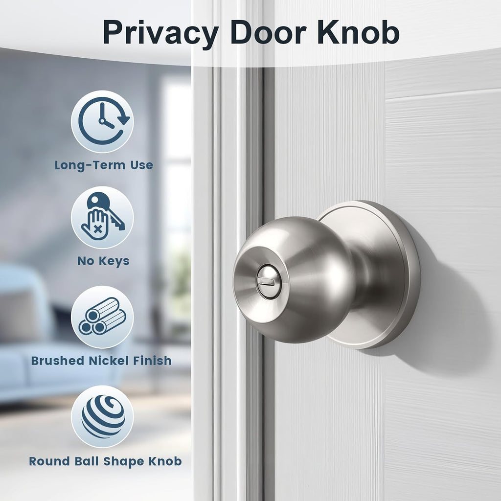 Interior Door Knobs in Brushed Nickel Finish, Keyless Privacy Door Knob, Round Ball Style Door Knob Bathroom, Indoor