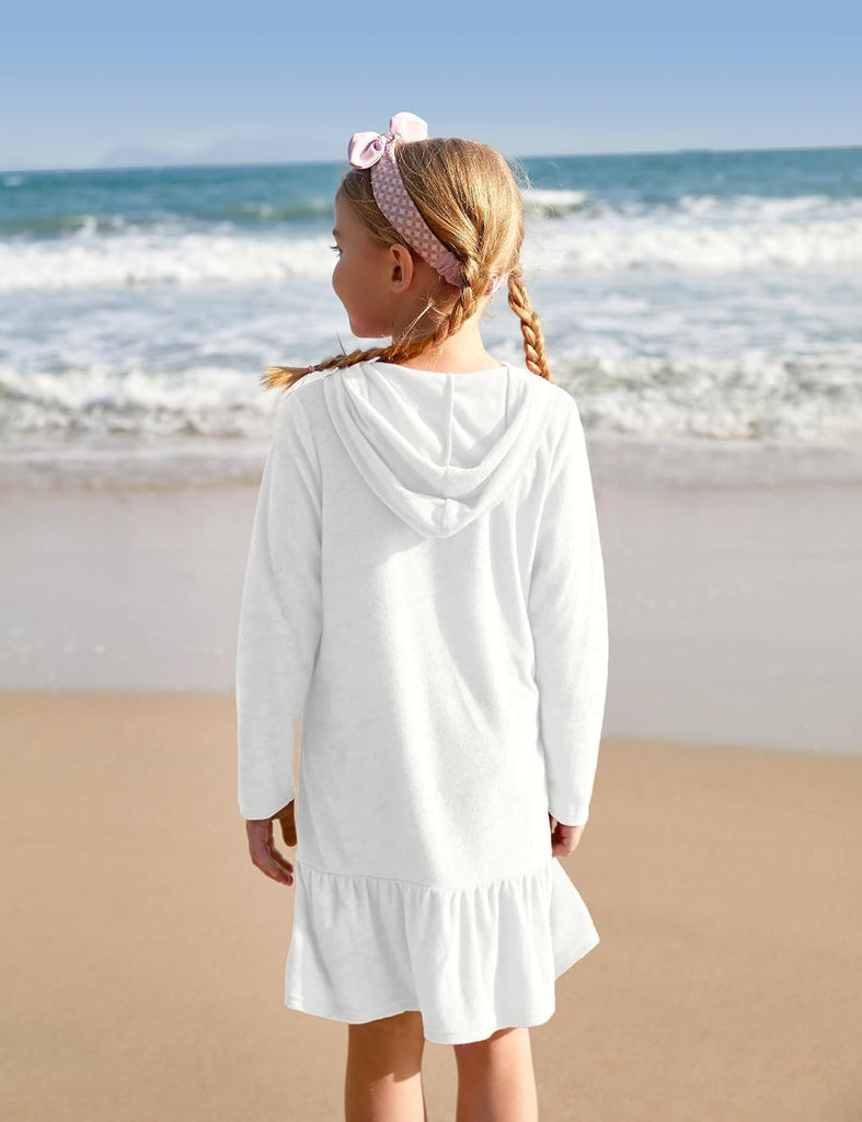 Girls Summer Long Sleeve Coverups Button Down Terry Quickly Dry Ruffle Hem with Hood Cover Up