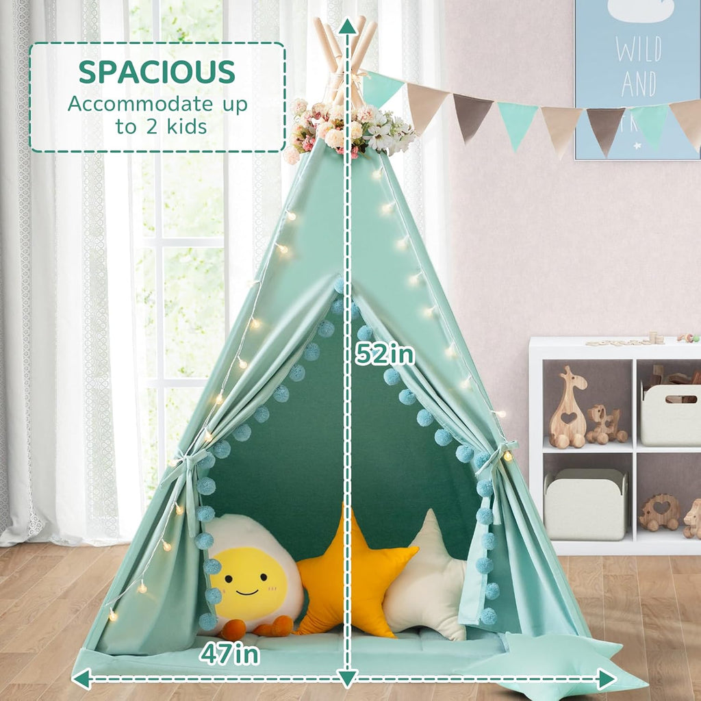 Teepee Tent for Kids with Padded Mat Cotton Canvas Kids Tent with Pompom for Toddlers Indoor Play Tent for Girls Boys
