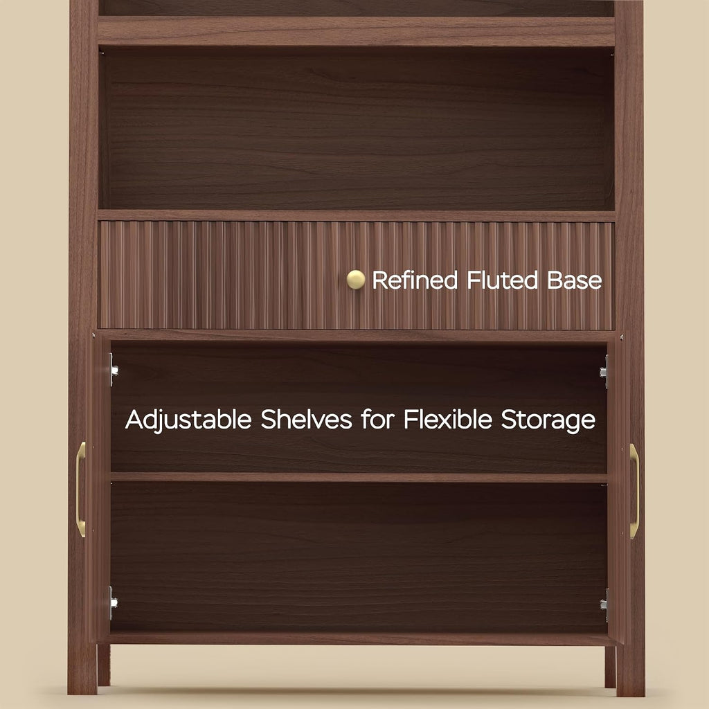 Book Shelf 70" Tall Bookcase with Drawer,7-Tier Arched Cabinet with Storage and Fluted Door,Mid-Century Modern
