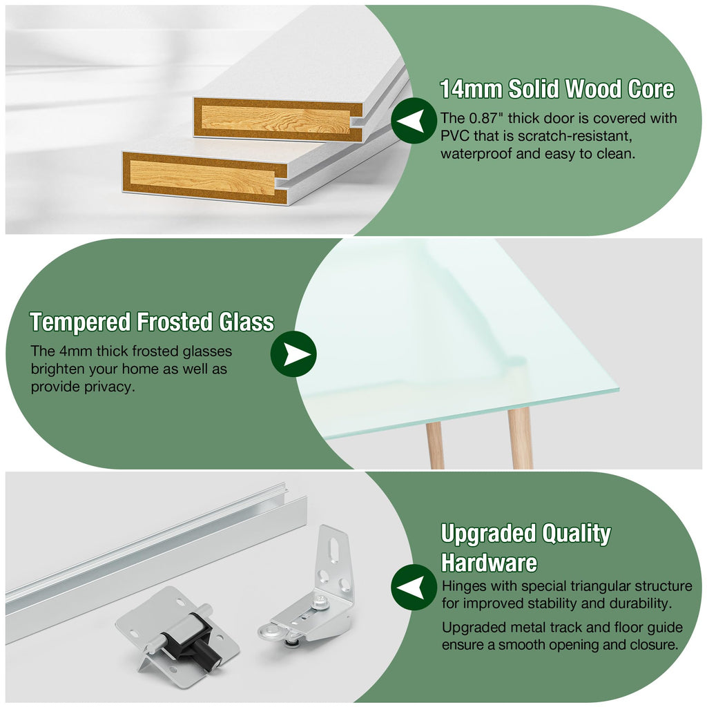 Bifold Door, for 36"x 80" Opening, Tempered Frosted Glass Pre-drilled Folding Closet Door with Hardware Kit