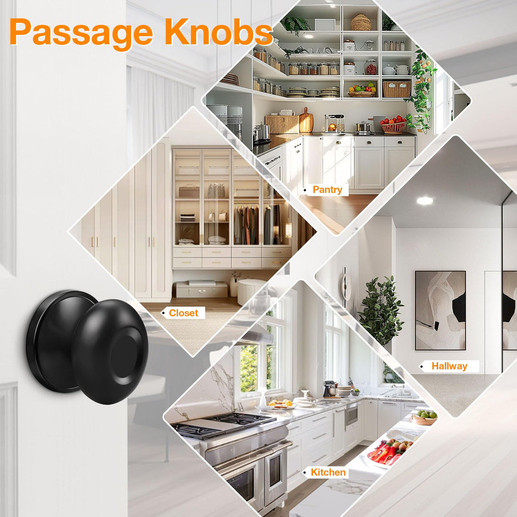 6 Pack Passage Door Knobs Oval Egg Shaped Door Knobs Laundry Passage Function Locksets Without Key in Black Finish