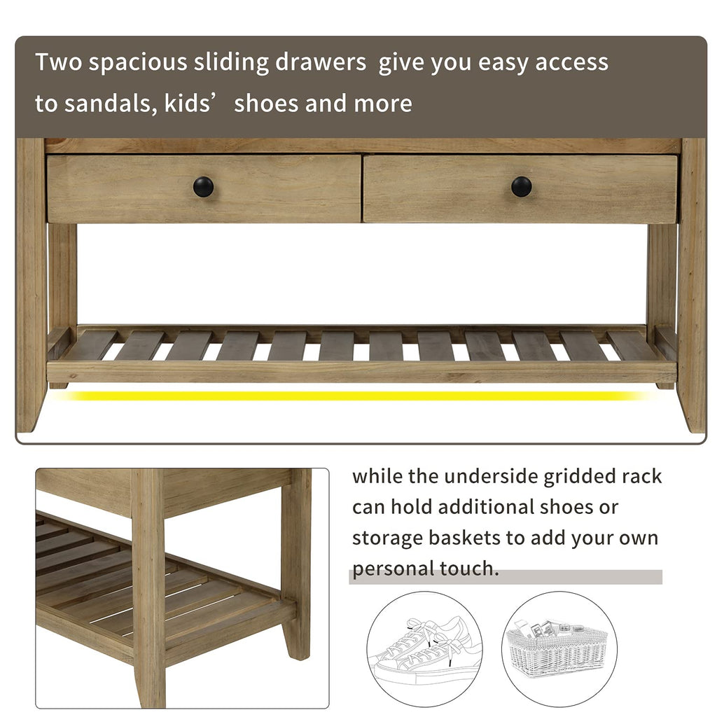 Storage Bench, Shoe Rack with Upholstered Seat and 2 Drawers, Solid Wood Entryway Storage Bench with Shoe Rack