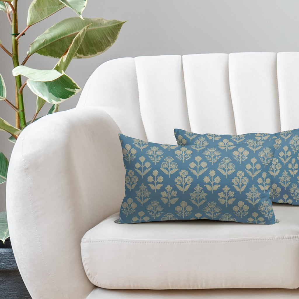 Light Blue Pillow Covers 12x20 Inch Set of 2, Cream Floral Block Print Pattern Lumbar Decorative Throw Pillowcases