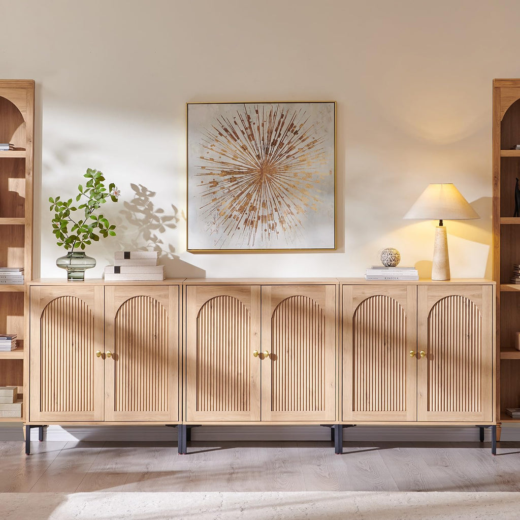 Modern Buffet Cabinet with Storage, 92.63" W Fluted Arched Sideboard Cabinet w/Adjustable Shelves
