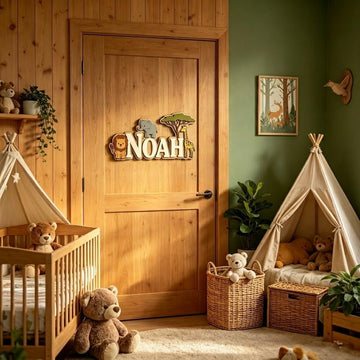 Personalized Safari Wooden Name Sign for Kids Room, Custom Jungle Animal Name Wall Decor, Nursery Name Sign, Baby