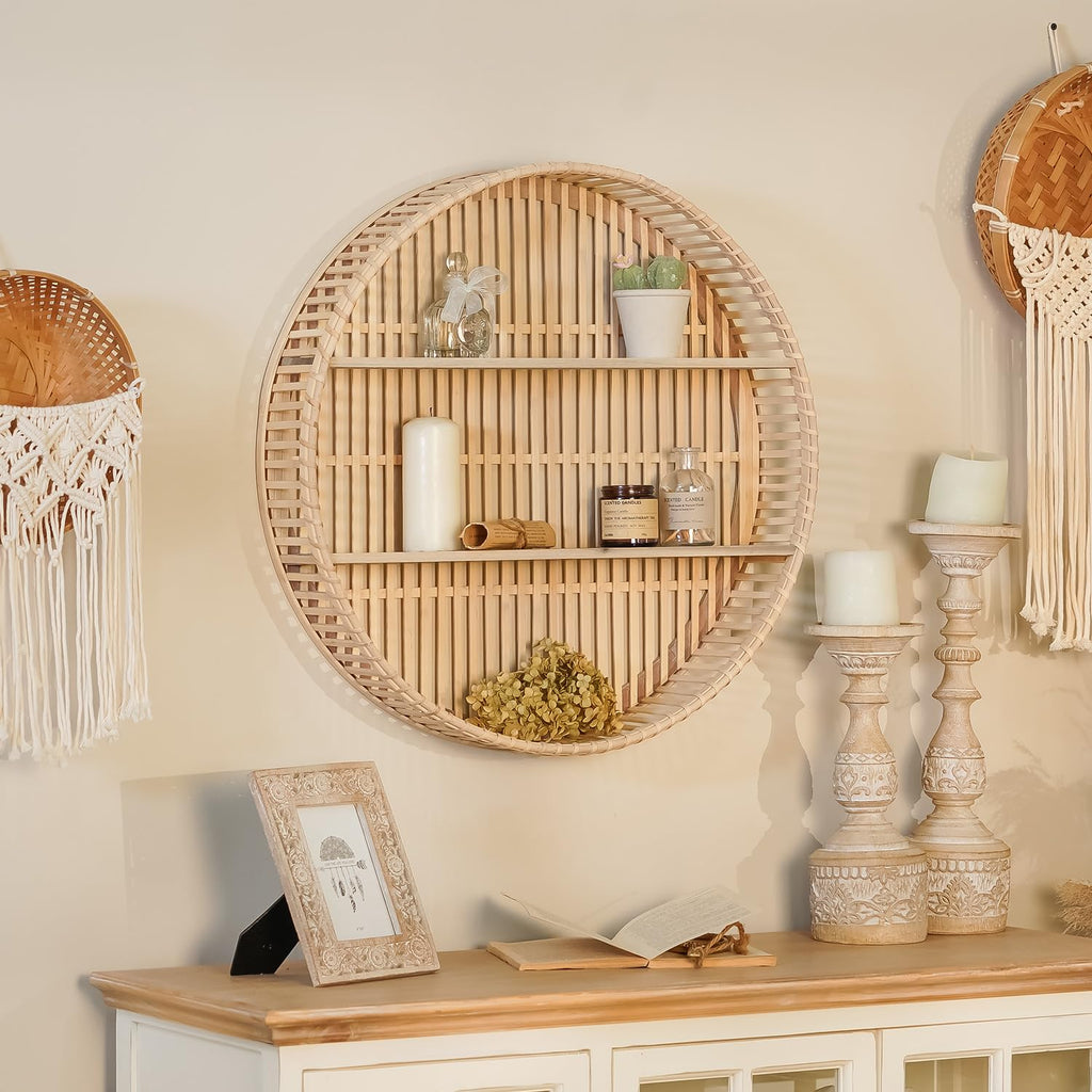 Rattan Wall Shelf 3 Tier Boho Wall Mounted Shelf Farmhouse Handcraft Round Floating Shelf Display Rack Storage