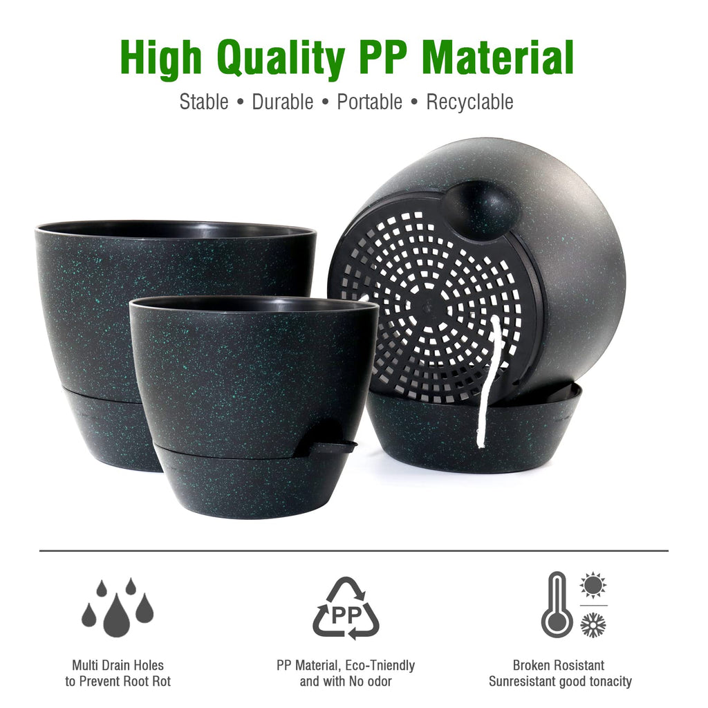 Large Self Watering Pots, 12/10/9 Plastic Planters with High Drainage Holes and Deep Reservoir for Indoor Outdoor