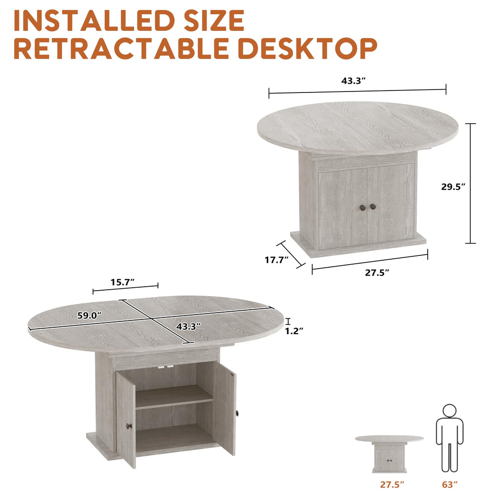 43.3in-59in Extendable Round Dining Table for 4-8, Modern Expandable Kitchen Oval Dining Table, Space Saving Circle
