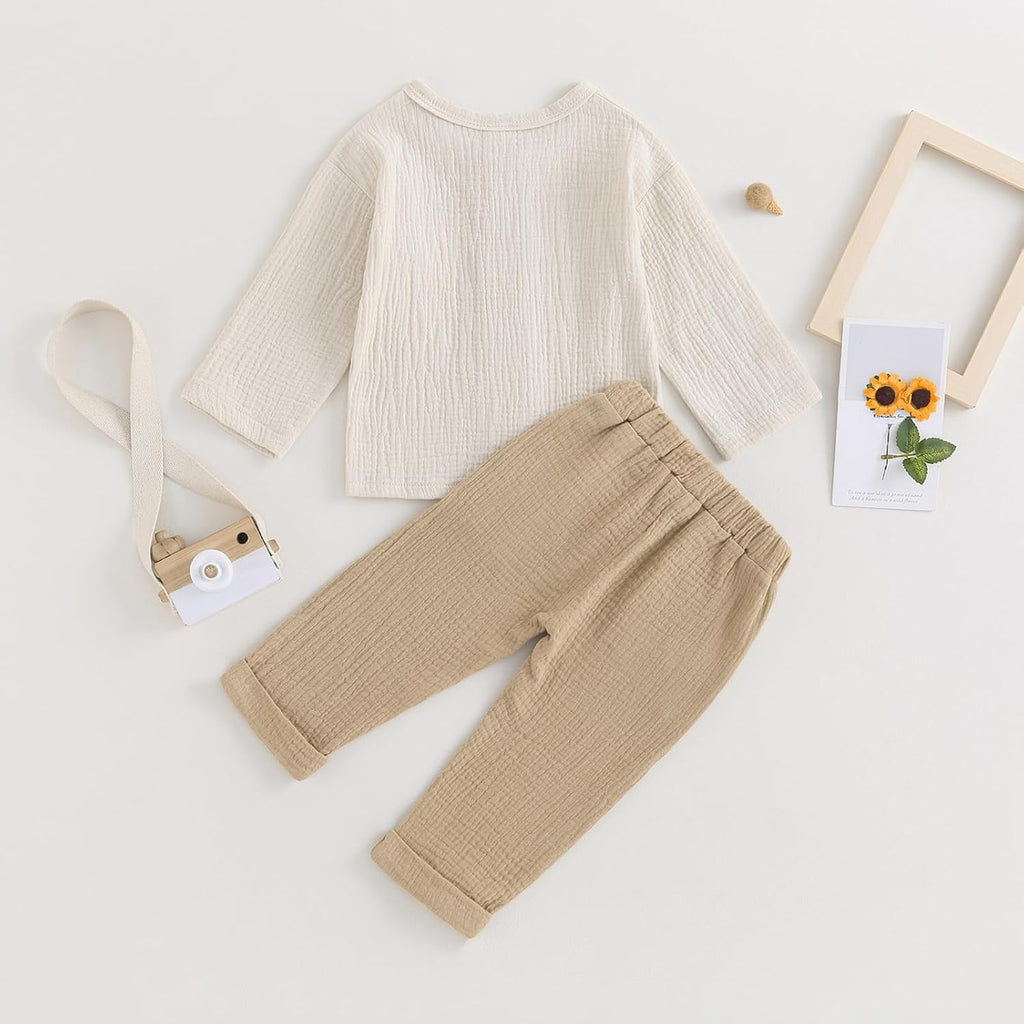 Toddler Boy Linen Outfit Baby Boy Fall Winter Clothes Set Button-Down Shirt Tops Cotton Linen Pants 2PCS