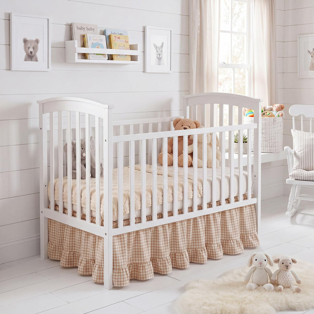 Gingham Crib Skirt Dust Ruffle 52 x 28 Inch 100% Cotton, Beige
