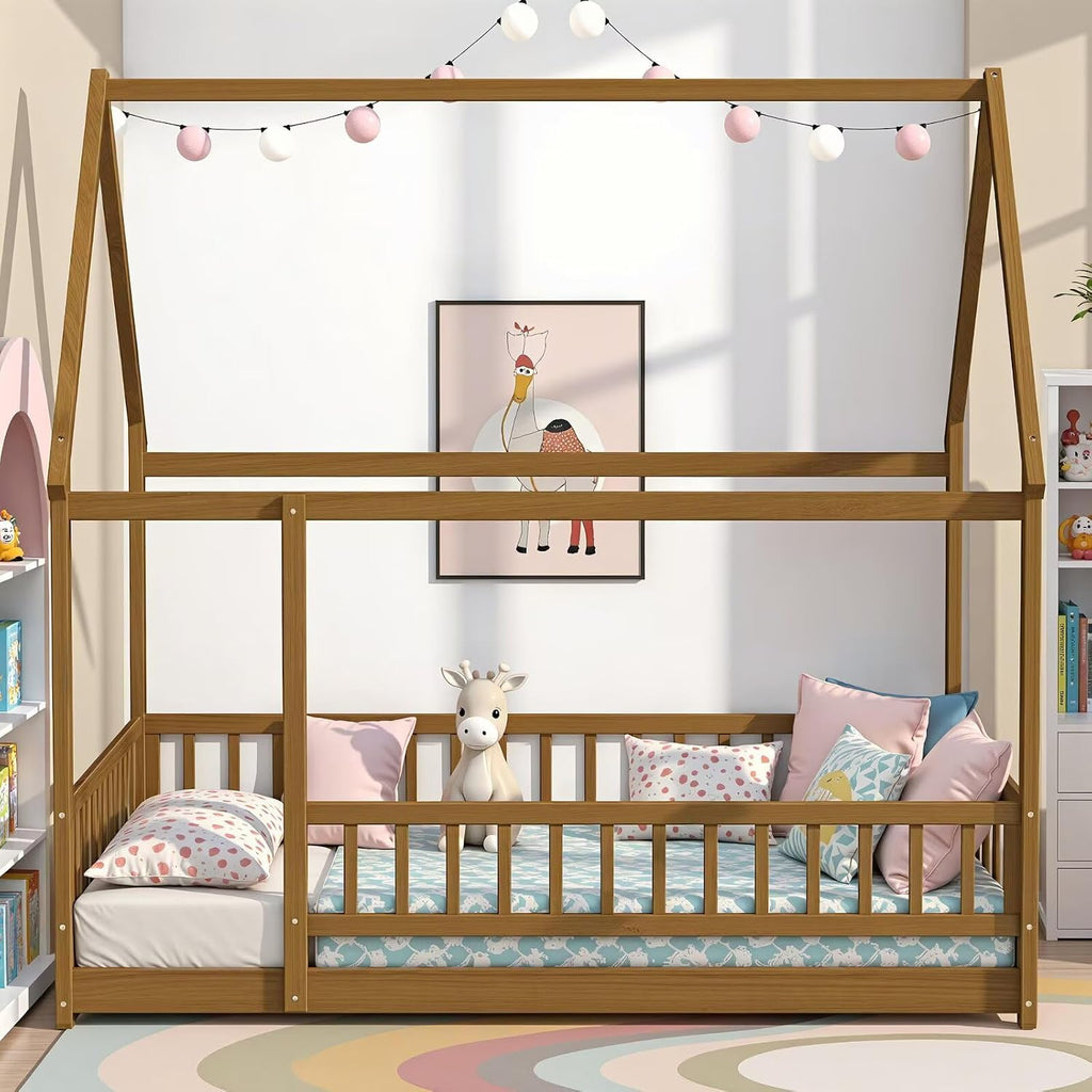 Queen Size Montessori Floor Bed Frame with Slats and Fence, Wooden House Bed for Boys Girls Bedroom, Light Espresso