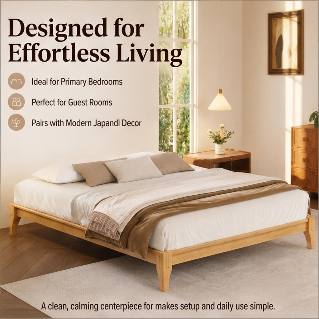 Natural Japanese Bed Frame, 12" H Low Profile Bamboo Bed Frame Without Headboard, Minimalist Wooden