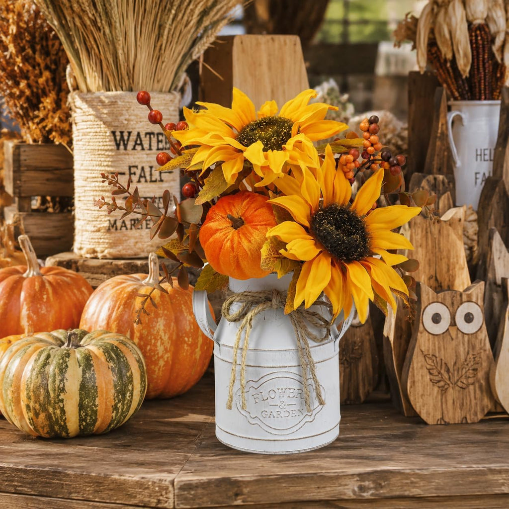 Fall Thanksgiving Centerpieces for Dinner Tables, Faux Floral Metal Potted Plants with Maple Leaf Pumpkin Berry Stems - Set of 2