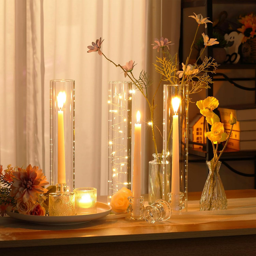Glass Hurricane Candle Holders Candlestick Bulk 12.6",Clear,24 Set | 2.2" Taper Clear Candlestick Holders, Open Ended