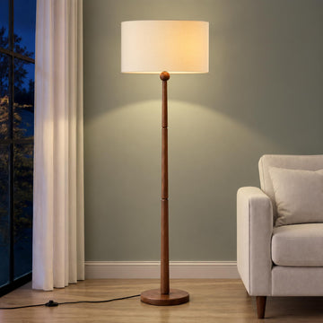 65 Inch Single Ball Walnut Wood Floor Lamp with Linen Shade, Beige