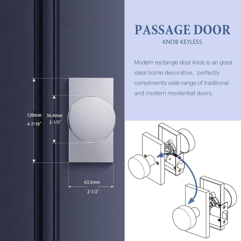 Zinc Alloy Passage Door Knob Non-Locking, Polished Chrome