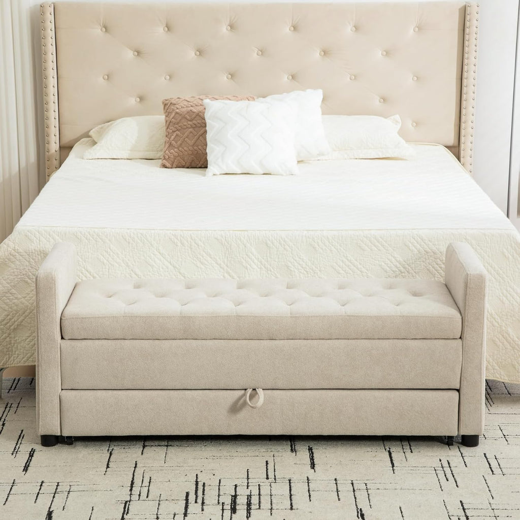 58.3" 2-Tier Storage Bench Upholstered with Drawer, Griege. | End of Bed Bench, 2-Tier Storage King Size Bench
