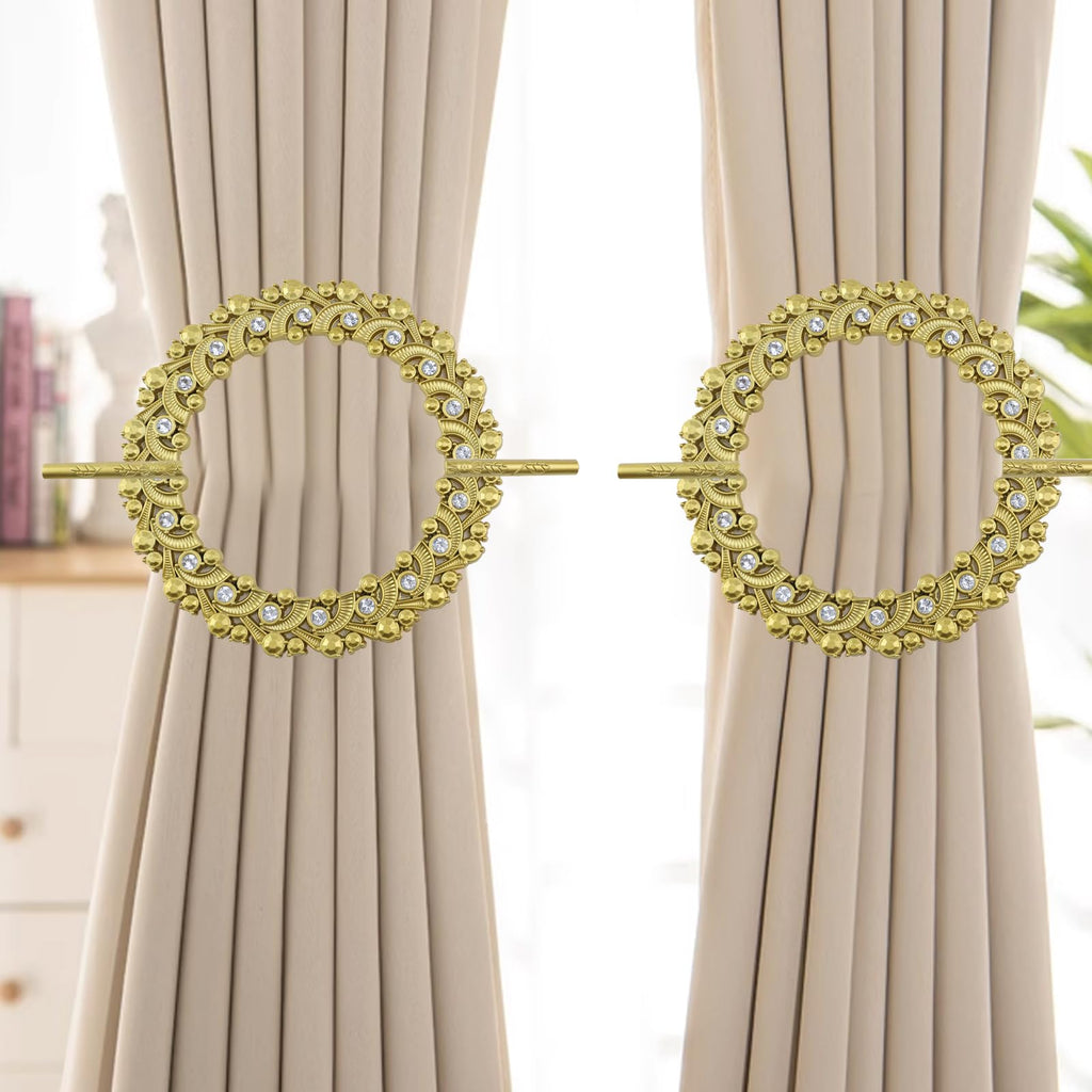Gold Curtain Tiebacks, Round Drapery Holdbacks, 20 Crystals - 2 Pack