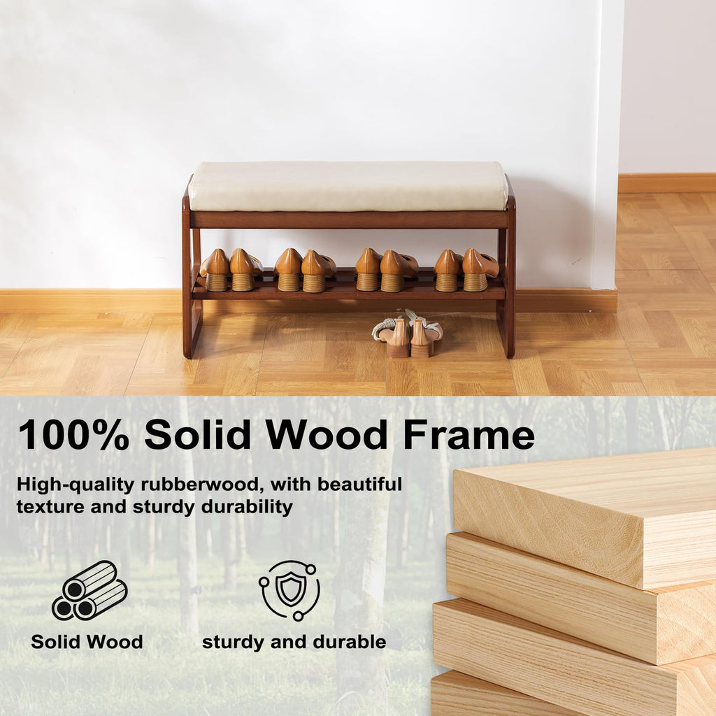 Solid Wood Shoe Bench, 2-Tier Wooden Entryway Bench, Modern Shoe Rack with Faux Leather Cushion (Gray, 31.5'')