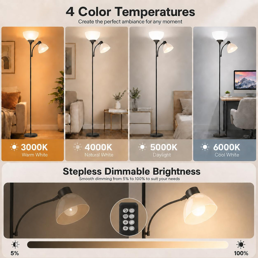 Torchiere Floor Lamp with Remote Control and Adjustable Reading Light