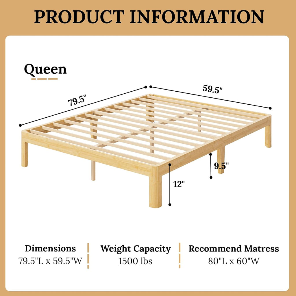 12 inch Bamboo Solid Wood Queen Bed Frame Apartment