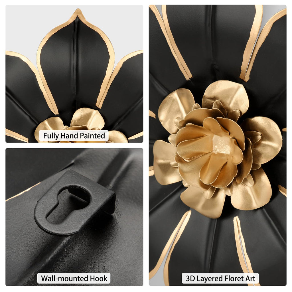 Set of 3 Black and Gold Metal Flowers Wall Art Decor 10"
