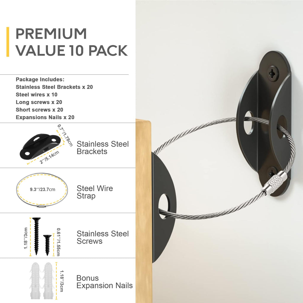 Furniture Anchors 10 Pack, Anti-Tip Earthquake Straps for Baby Proofing