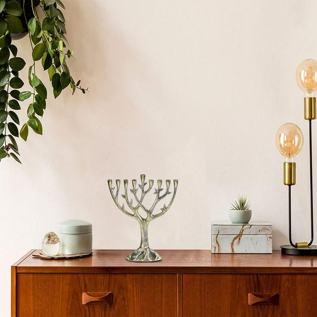 Hanukkah Tree of Life 9 Branch Candle Holder - Tall Textured Antiqued Bronze & Silver Finish Jewish Candlestick