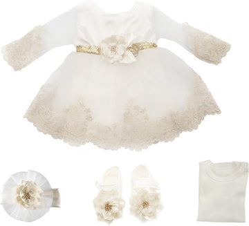 Newborn Baby Girl Lace Dress Set, 4 Pieces Outfit for Special Occasions (US, Age, 0 Months, White, Gold Belt)