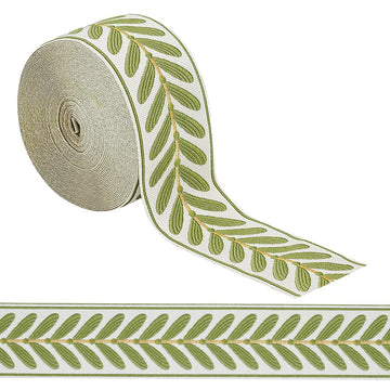 Jacquard Ribbon Trim 2.4 Inch Leaf Pattern Jacquard Polyester Ribbons White Green Leaf Jacquard Woven