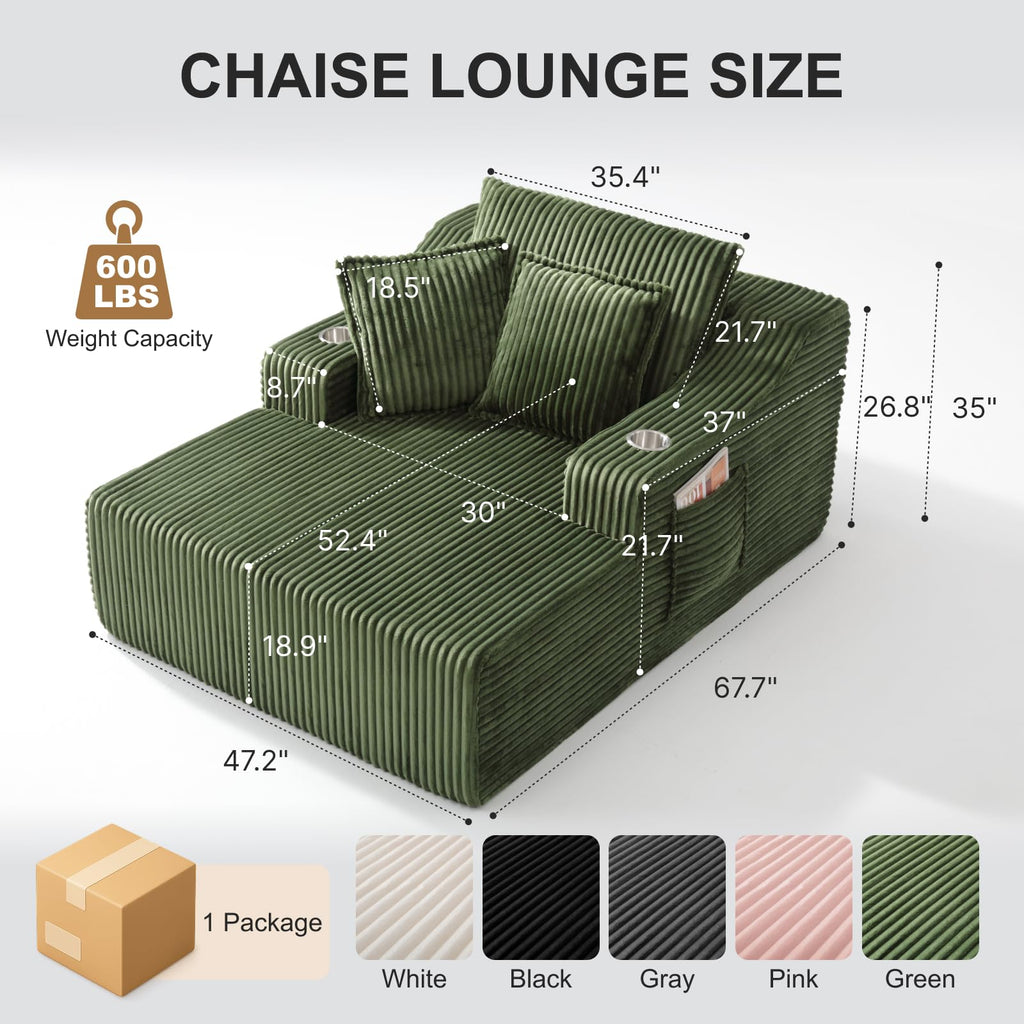 67" Oversized Chaise Lounge Chair Indoor, Boneless Chair with Cup Holders
