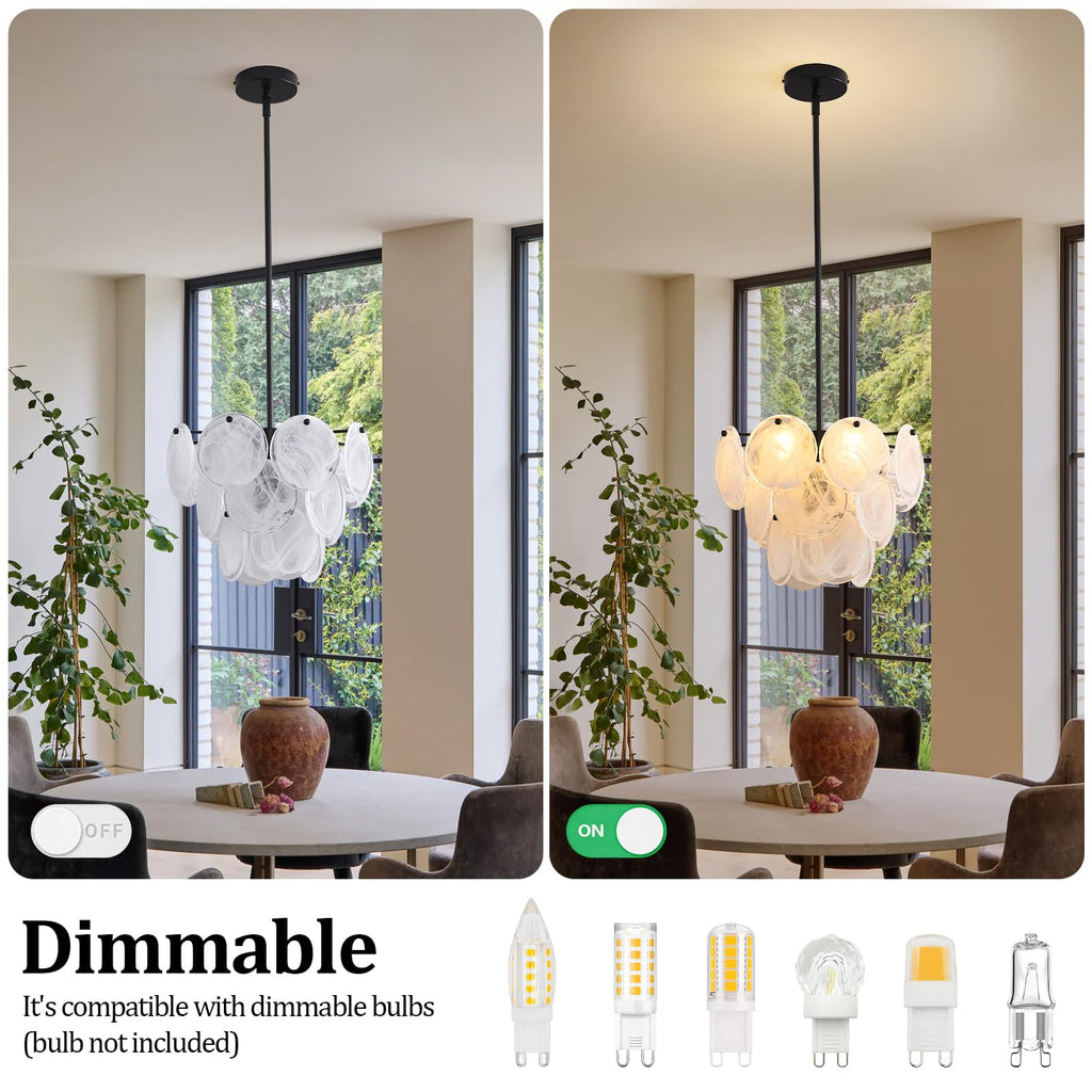 Black Glass Pendant Light, 13.78" Modern Crystal Chandelier Kitchen Island, 4-Light Round Adjustable Height Ceiling