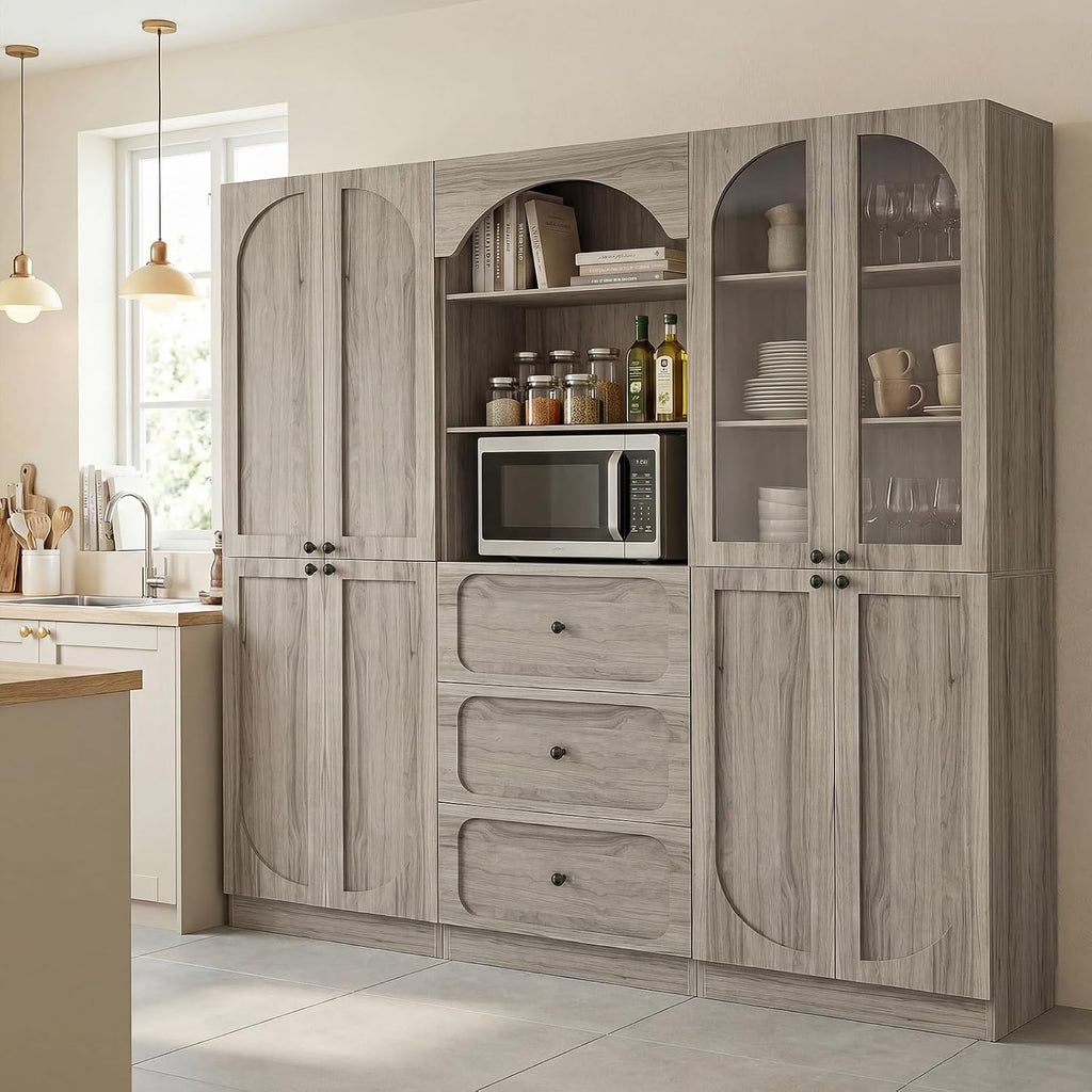 80" Tall Bookcase System with 3 Drawers & Tempered Glass Doors | Arched Bookshelf with Flush Wall Fit, Wooden Pantry