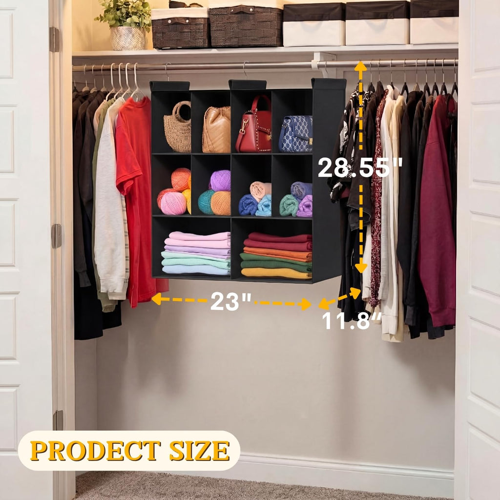 3 Tier Hanging Closet Organizer, 10 Compartments Dual Row Storage, Black
