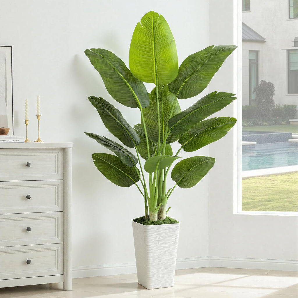 Lifelike Bird of Paradise Artificial Plant 6ft Faux Banana Leaf TRE with White Tall Wavy-Textured Planter Decor