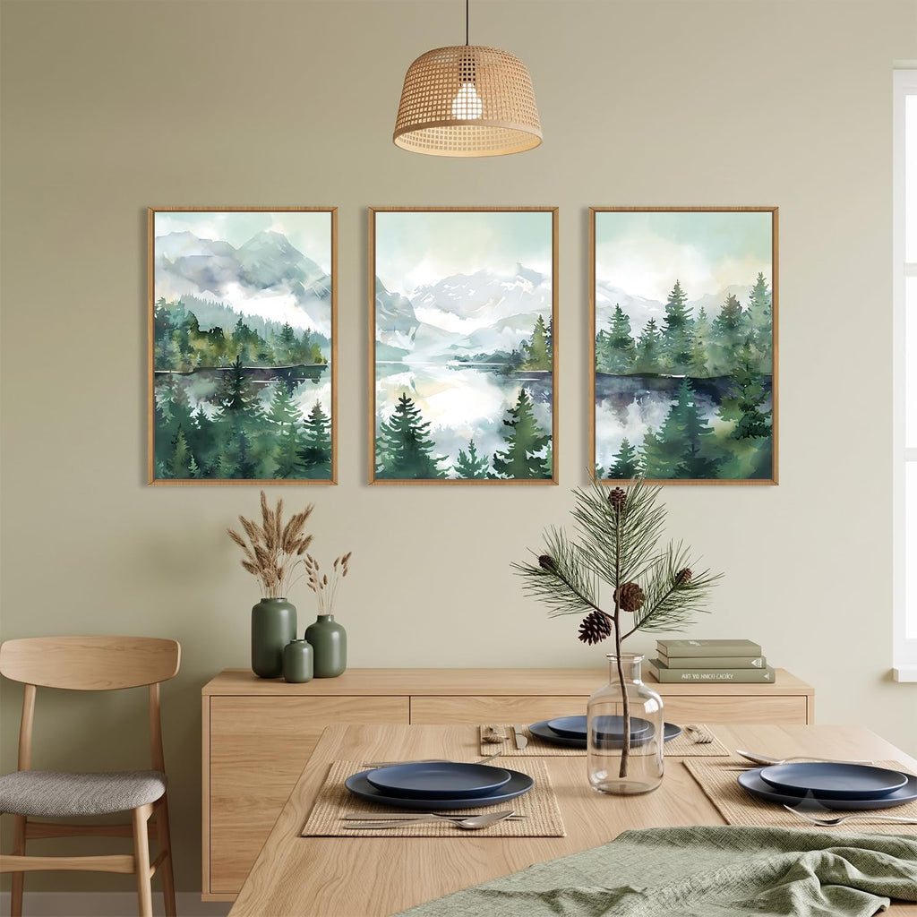 Watercolor Mountain Forest Framed Canvas Wall Art Set-16"x24"x3