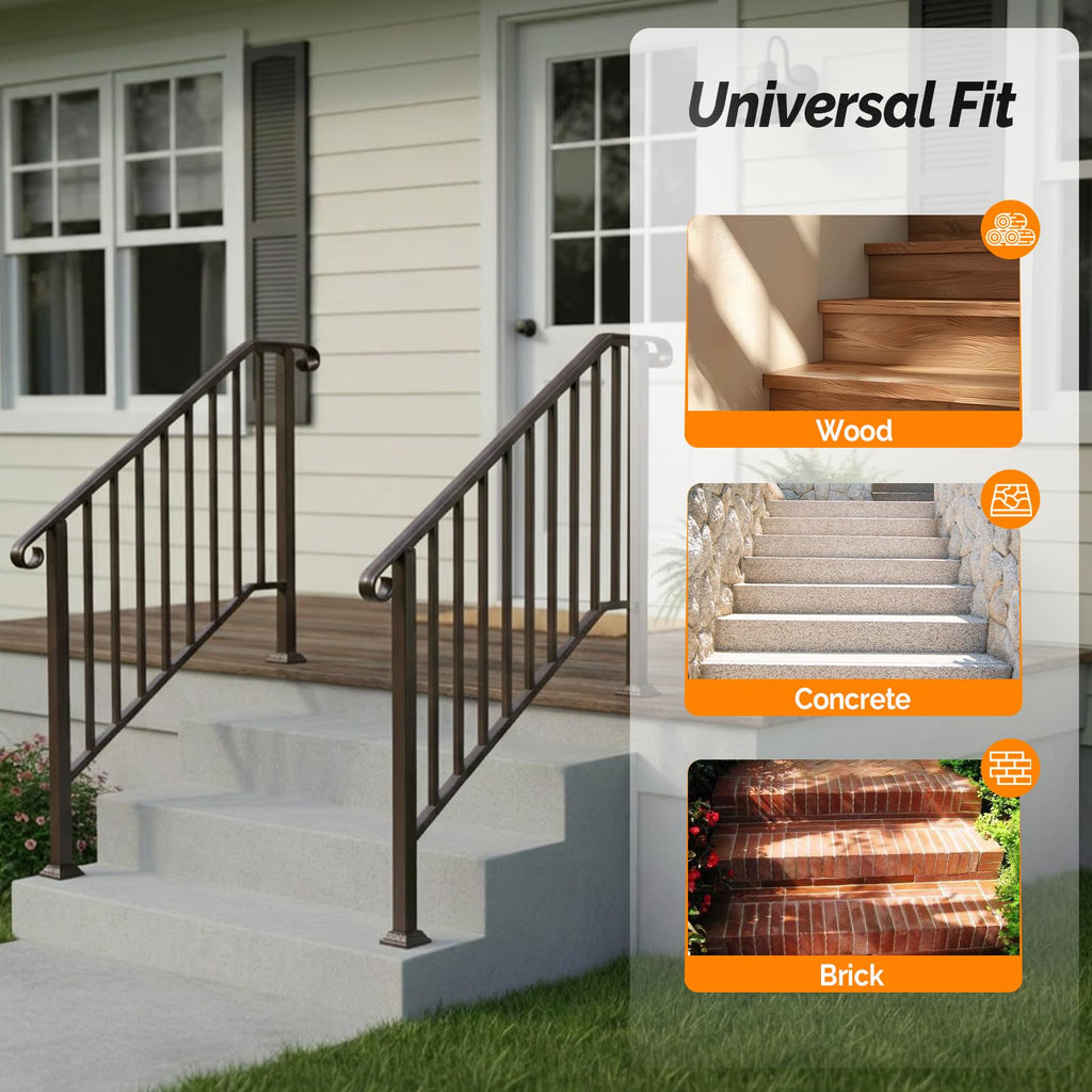 Handrails for Outdoor Steps, Stair Handrail Fits 1 to 5 Steps, Wrought Iron Hand Rail Stair Railing Kit for