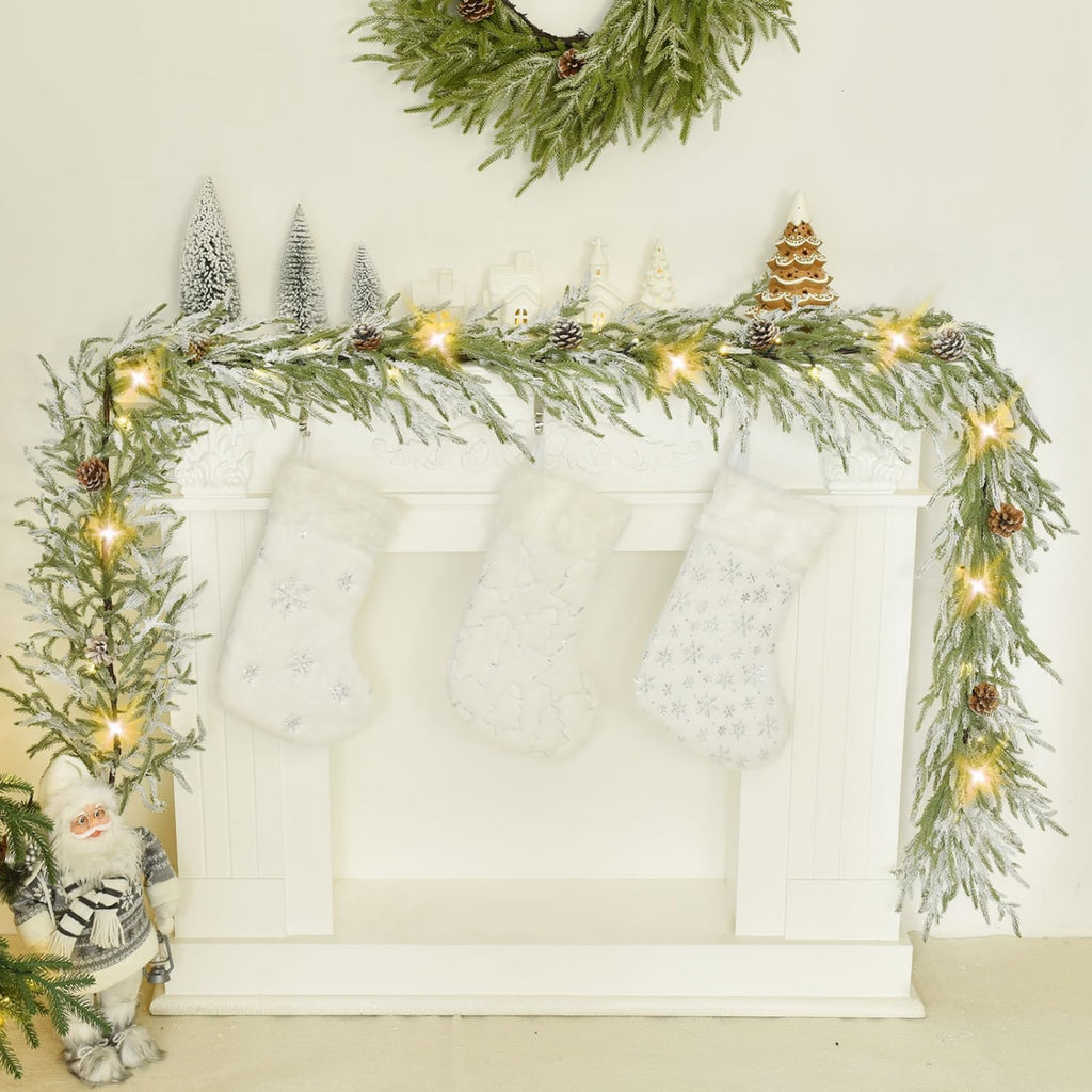 9 FT Flocked Norfolk Pine Garland Christmas Garland with Lights