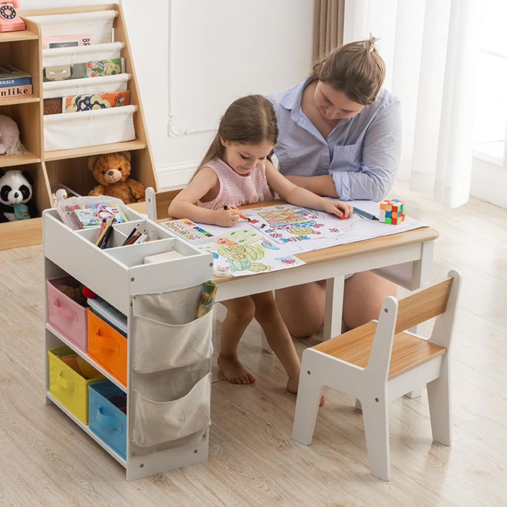 Kids Art Table and Chair Set with 2 Chair & Bins, 40" L x 20" W, Natural