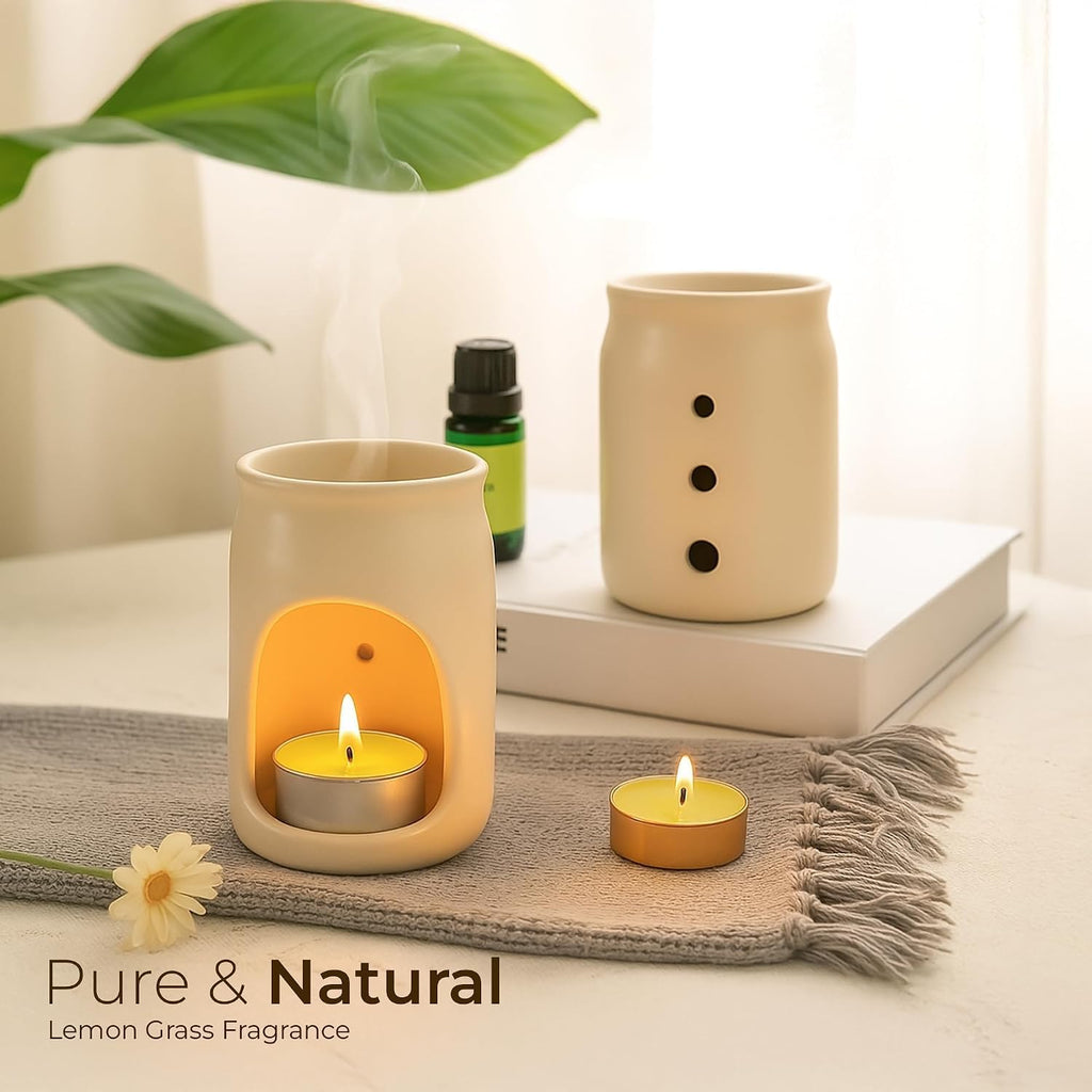 Hamira Decor Aroma Diffuser Set - Ceramic Oil Burner with 2 Tealight Candles & 10ml Essential Oil - Compact & Elegant - Set of 3