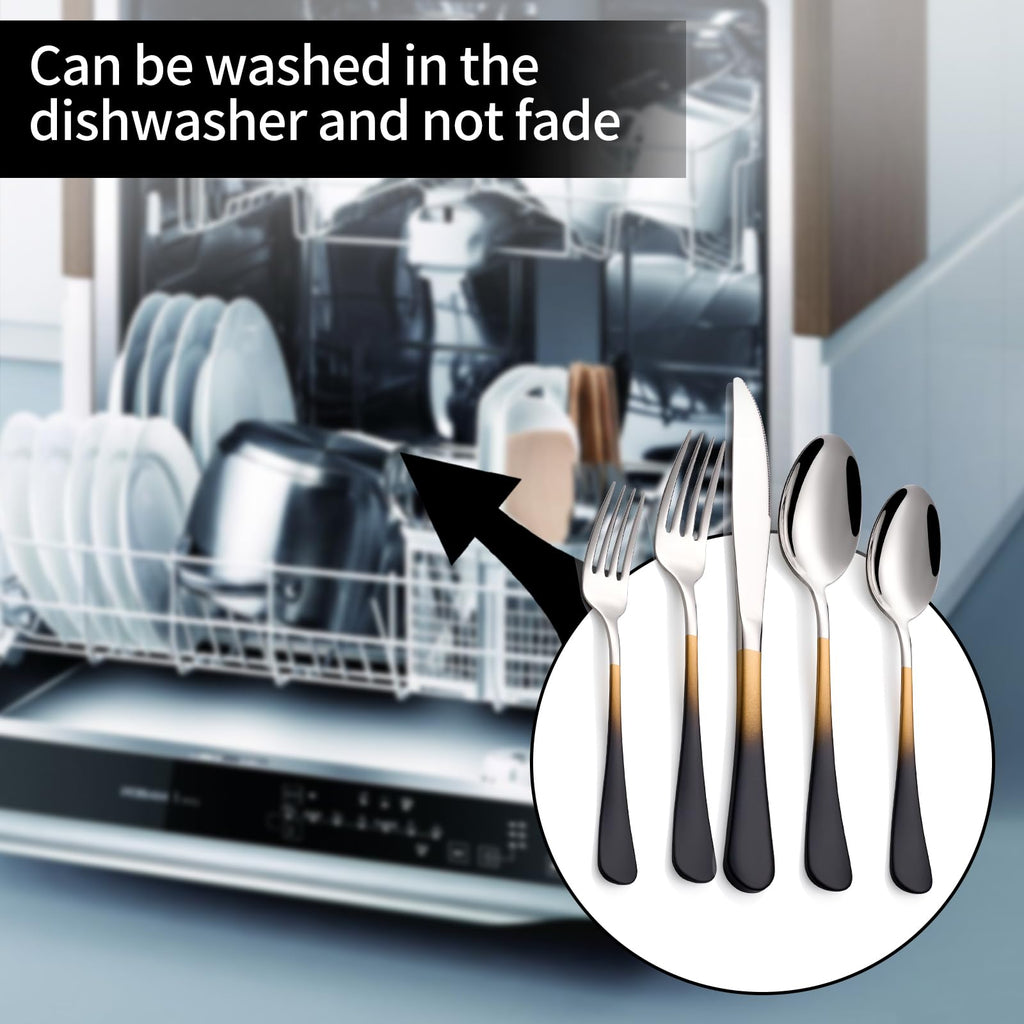 20-Pieces Black gold Silverware Sets for 4, Black gold Handle Stainless Steel Cutlery Set, Include Forks Spoons and