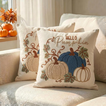 Fall Pumpkin Pillow Covers Set of 2, Blue Embroidery, 18x18 Inch