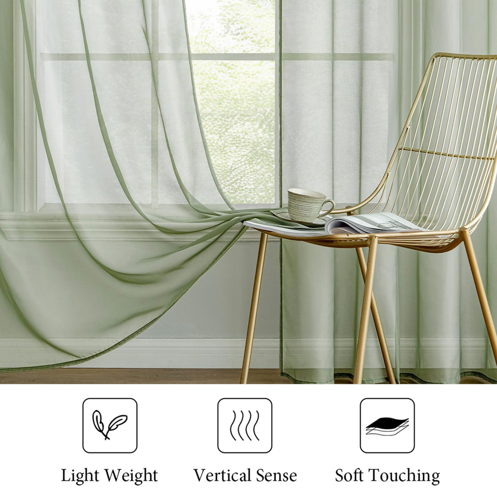 2 Panels Sage Green Sheer Curtains 108 inches Long, 54 X 108 Inches