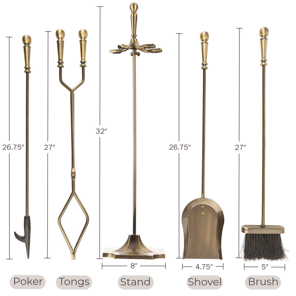 Fireplace Tools Set Indoor Outdoor, Antique Brass, 5-Piece-Set