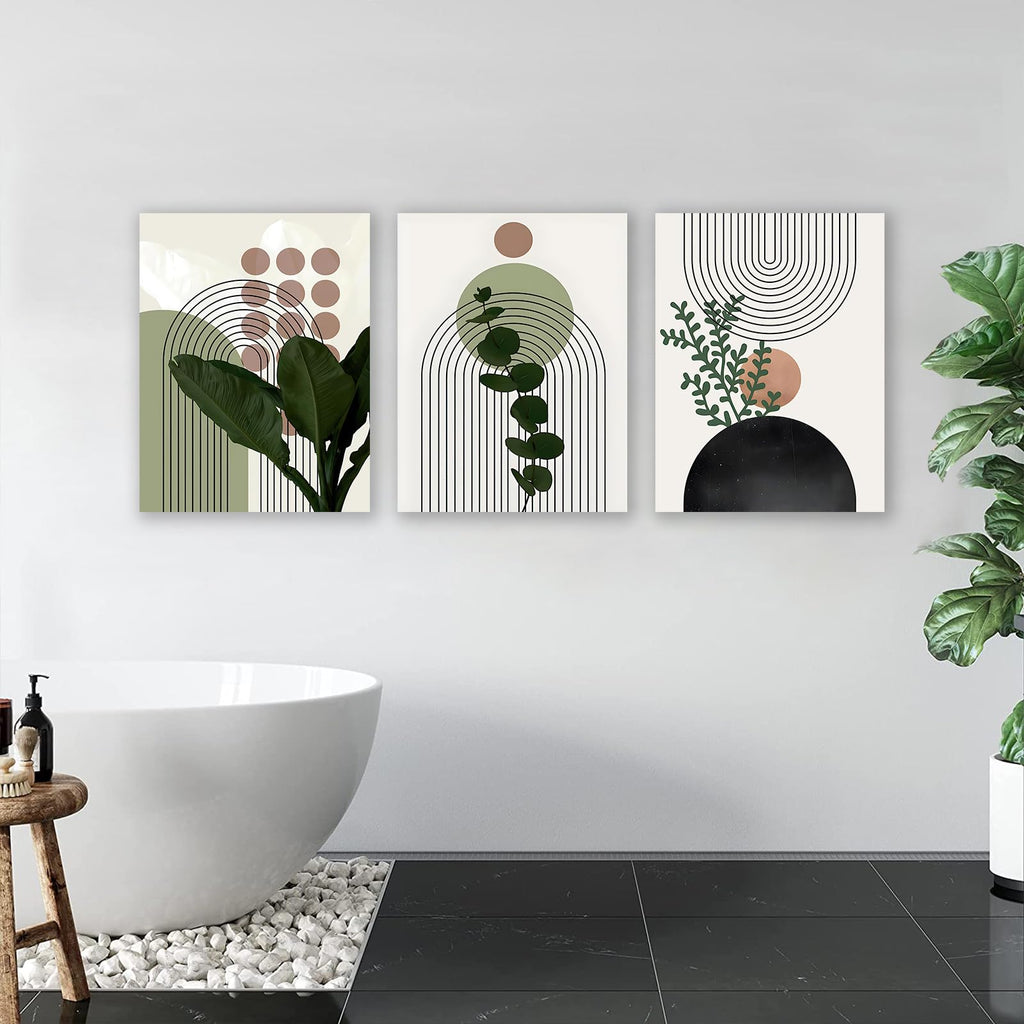 Sage Green Boho Wall Art, Abstract Framed Canvas Wall Art Palm Leaf Sun Moon Line Beige Green Wall Decor, Minimalist