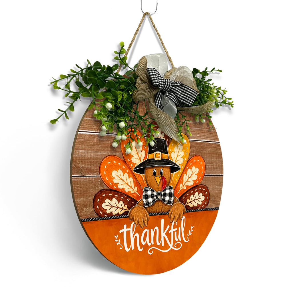 Thanksgiving Thankful Turkey Door Sign for Front Porch Farmhouse Round Wood Hanging Sign with Wreath and Bow Greenery