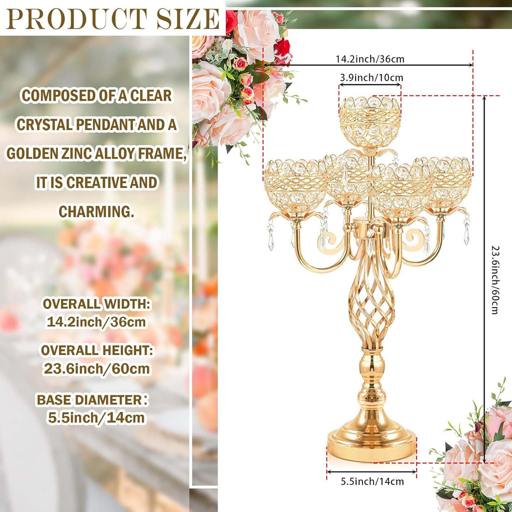 Elegant 5-Arm Candelabra Centerpiece with Crystal Pendants - 23.6 Inch Tall Table Centerpiece for Weddings, Parties