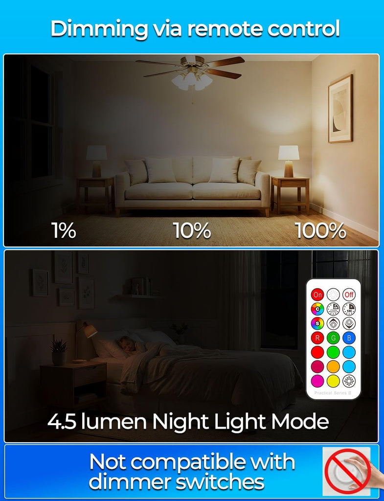 RGB LED Light Bulb, Color Changing Light Bulb, 40W Equivalent, 450LM, 2700K Warm White 5W E26 Screw Base RGBW, A15